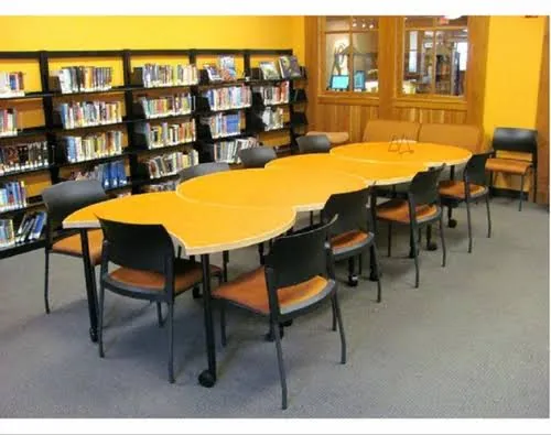Institutional library reading tables, reader chairs and modular book stacks